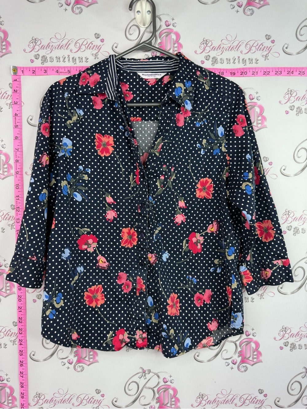 Allison Daley Navy Polka Dot Floral Button-Down Blouse